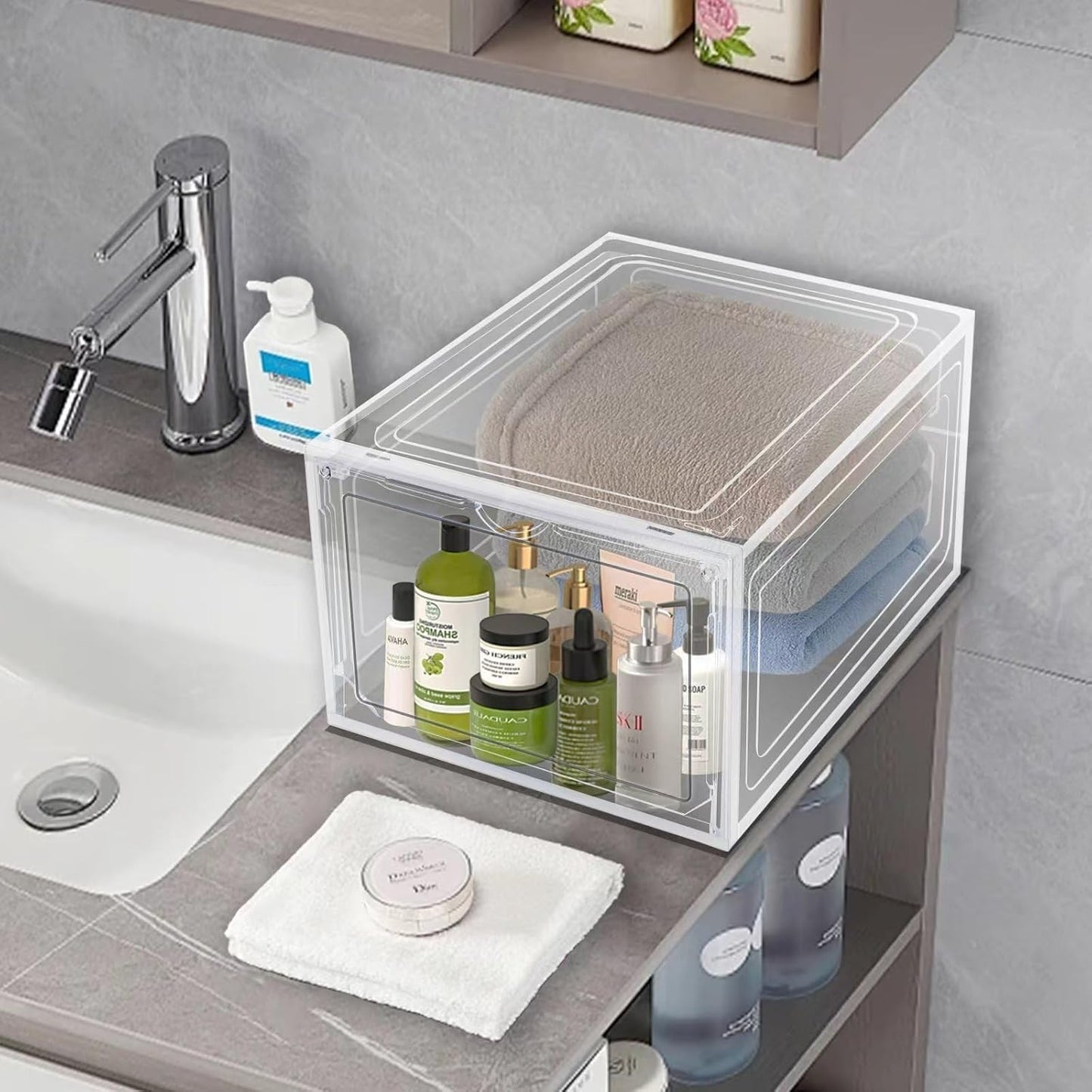 Upgraded Shoe Storage Organizer 6 Pack Clear Plastic Stackable Shoe Box with Magnetic Door Sneaker Hats Display Case Fit Up to US Size 13