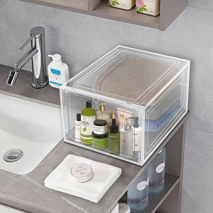 Upgraded Shoe Storage Organizer 6 Pack Clear Plastic Stackable Shoe Box with Magnetic Door Sneaker Hats Display Case Fit Up to US Size 13