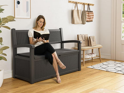 70 Gallon Outdoor Storage Box, Resin Patio Furniture with Armrest, Lockable Deck Box with Waterproof and UV Resistant for Patio Cushions, Garden Tools and Pool Supplies, Black