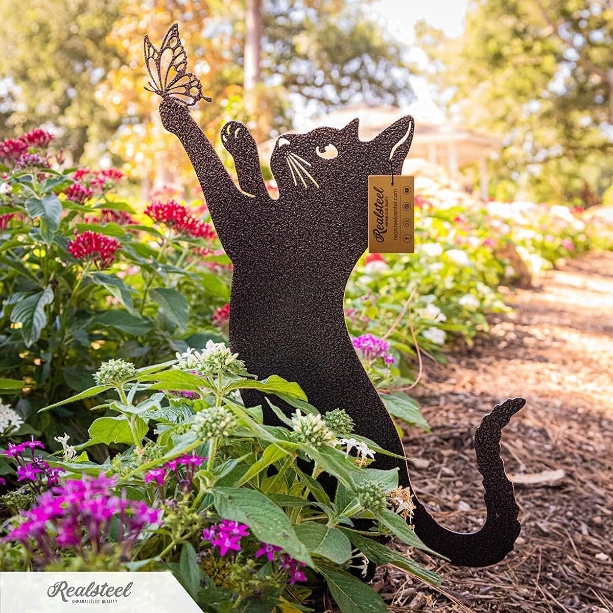 RealSteel I 3 Pack Steel Cat Garden Decor I Outdoor Yard Decorations I Gift for Cat Lovers I Lawn Ornaments and Statues I Garden Signs Decorative Outdoor - Black