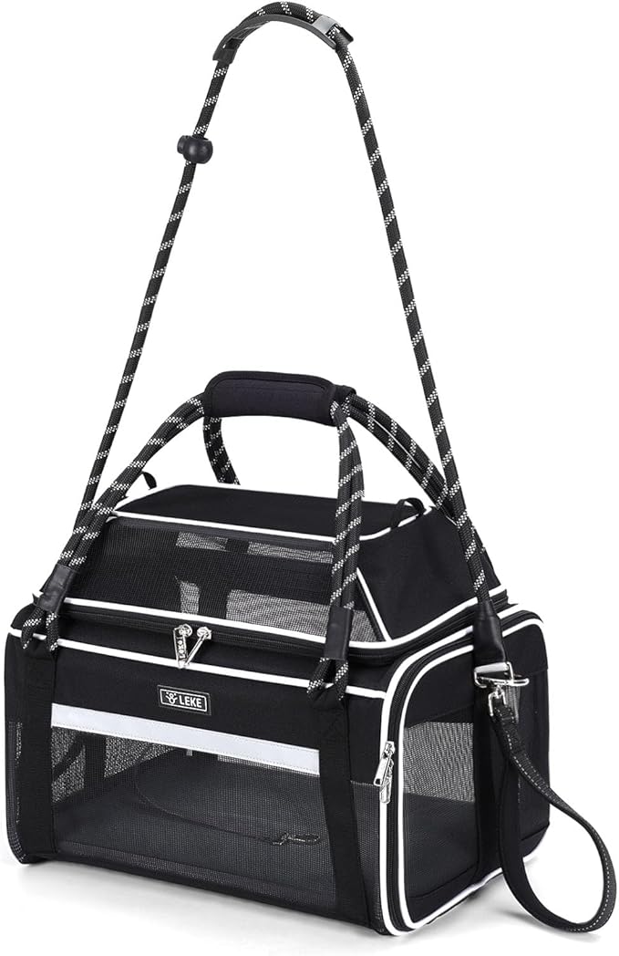 Lekereise Top Expandable Dog Carrier TSA Airline Approved Soft Sided Pet Underseat Up to 12lbs Travel Carriers for Small Cats and Dogs with Convertable Dog Leash and Anti-Scratch Mesh