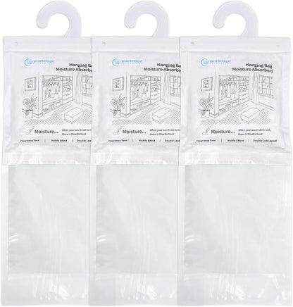 500 Gram Moisture Absorber Hanging Bags 3 Pack - 17.6 oz Fragrance-Free Large Dehumidifier for Closet, Bathroom, Bedroom – Double Leak-Proof Design & Dual-Sided Absorption