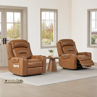 Watson & Whitely Genuine Leather Power Recliner Chairs for Adults, Lay Flat Recliner with Power Headrest, USB Ports and Cup Holders, Electric Reclining Sofa for Living Room, Bedroom, Saddle Brown