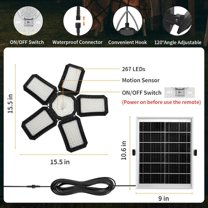 Solar Shed Light Indoor Outdoor, Upgrade Large 267LED Solar Powered Motion Sensor Pendant Light Works Day & Night, Solar Indoor Light with 2 Lighting Modes + Timer & Remote for Shed Gazebo Garage Barn