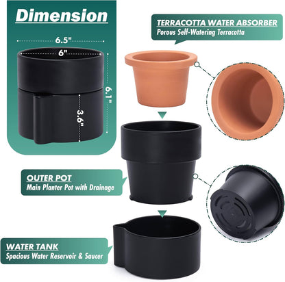 Phoenix Vine 6.5 Inch Self-Watering Planter Pot with Terracotta Insert, Deep Water Reservoir, and Ceramic-Alike BPA-Free Plastic Planter Pot for Plant, Modern Planter for Houseplants, Black, 53-A-S-2