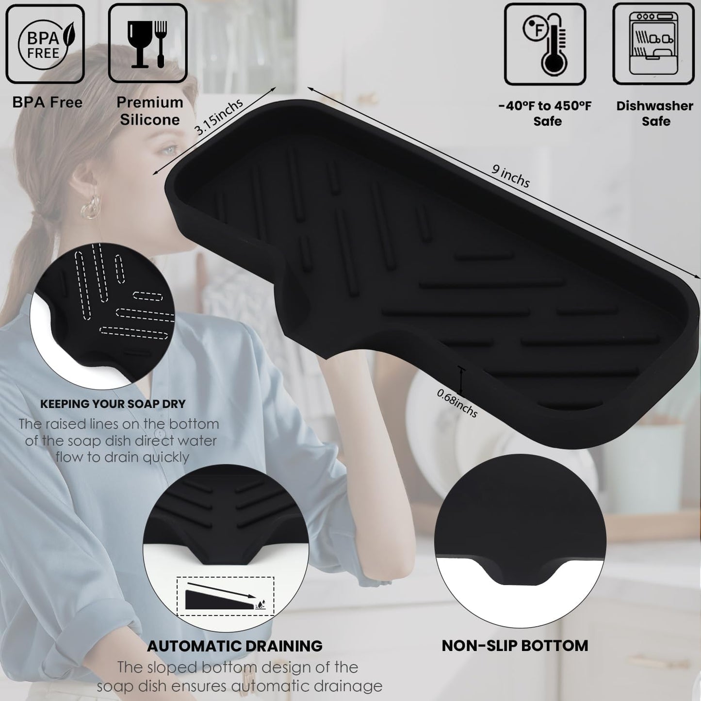 Silicone Bathroom Soap Dishes, Sponge Holder for Kitchen Sink, Shower Soap Holder with Drain, Soap Dispenser Tray, Soap Dish for Bottle, Cup, Sink or Counter Organizer - Black 9" x 3.15"