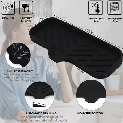 Silicone Bathroom Soap Dishes, Sponge Holder for Kitchen Sink, Shower Soap Holder with Drain, Soap Dispenser Tray, Soap Dish for Bottle, Cup, Sink or Counter Organizer - Black 9" x 3.15"