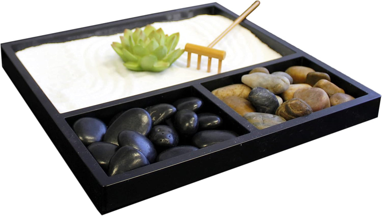 Nature's Mark Mini Zen Garden Kit for Desk with Rake, White Sand, Lotus Figure, 3 Sections Black Square Base, River Rocks and Black Rocks (9Lx9W C)
