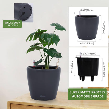 Dexceder 9x8 Inches Self Watering Planter Indoor Outdoor, Inner Pot Design, Thickened Table Flower Plant Pot with Water Level Indicator (Slate Gray Matte)