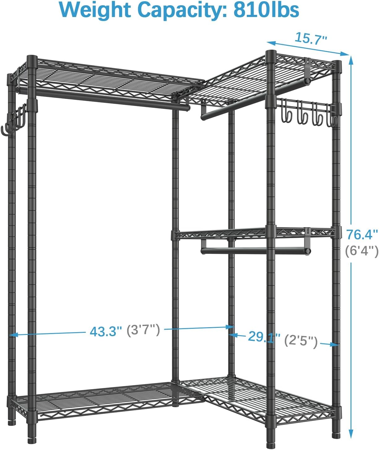 VIPEK L4 Garment Rack L Shaped Clothes Rack for Corner, Freestanding Portable Wardrobe Closet Heavy Duty Clothing Rack with 3 Hanging Rods & 2 Side Hooks, 43.3"Lx29.1"Wx76.4"H, Max Load 810LBS, Black