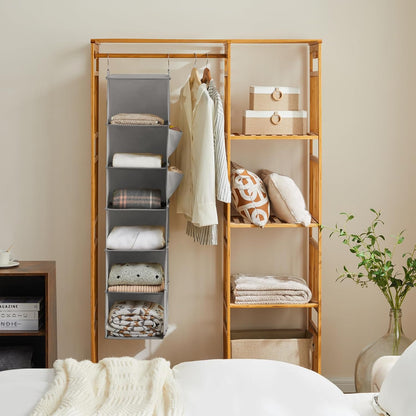 YOUDENOVA Hanging Closet Organizer and Storage, 6-Shelf Closet Hanging Shelves | Sturdy Bamboo Structure Cloth Hanging Storage, Sweater Organizer, 11.8” x 11.8” x 47.2”, Light Grey