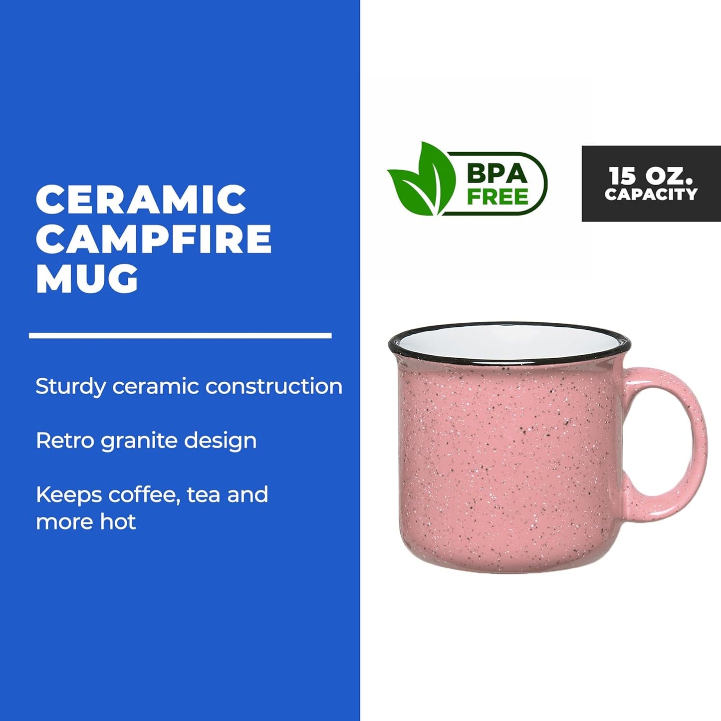 Set of 8 Ceramic Campfire Mugs – 15 Oz, Pink – Coffee & Tea Cups for Home, Work, Travel, Camping – Customizable, Great for DIY, Events, Companies