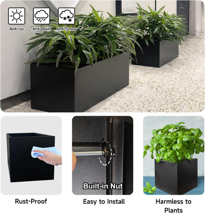 Galvanized Steel Planter Black Metal Outdoor Planter Powder Coated 32" x 12" x 16" Pot Metallic Heavy Pot Indoor & Outdoor, Commercial & Residential (L32 x W12 x D16, Black)
