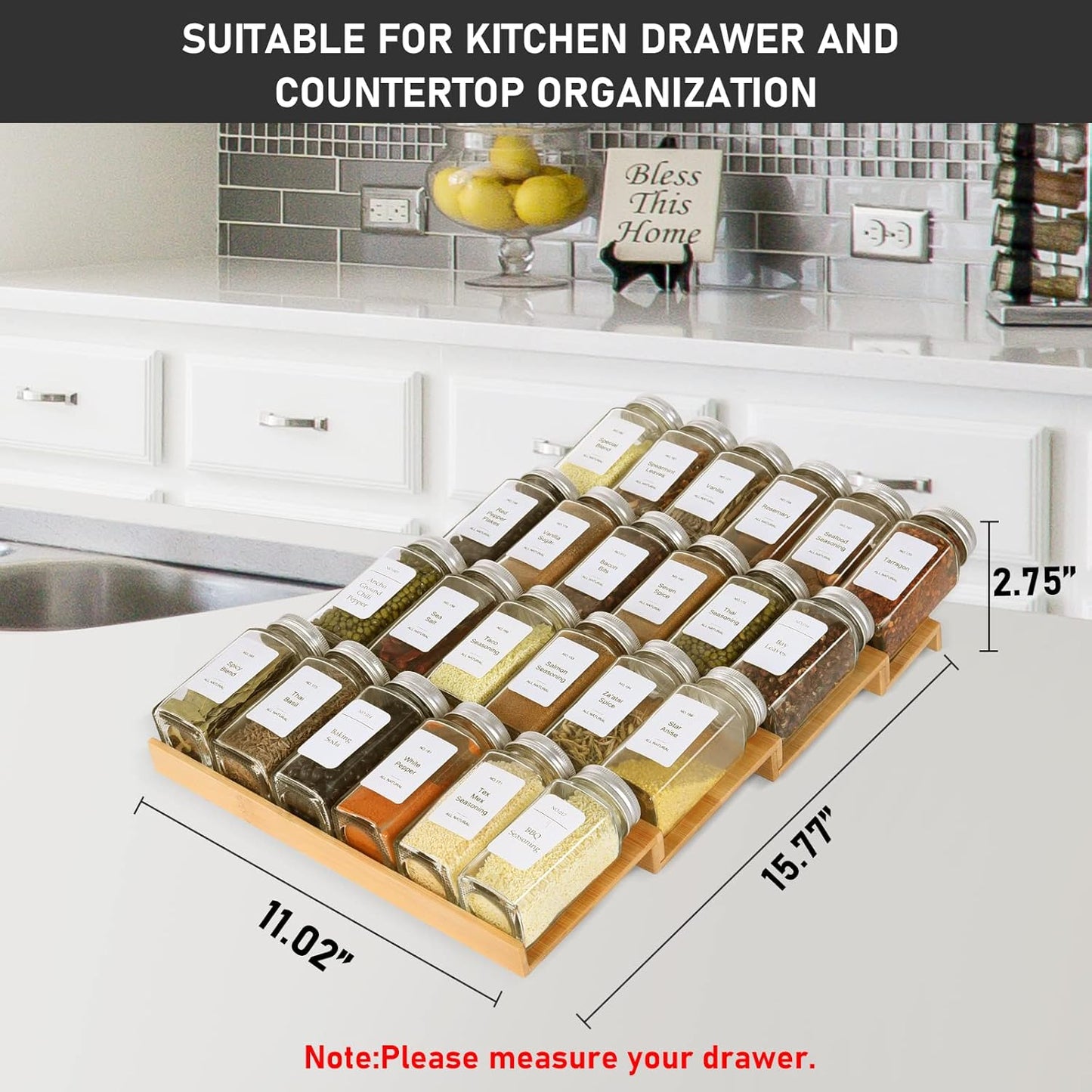 Spice Drawer Organizer with 20 Spice Jars,216 Labels,25 Non-slip Rubber, Bamboo 4 Tier Seasoning Rack Tray Insert for Kitchen Drawers,Cabinets,Countertop,11" Wide x 15.8" Deep