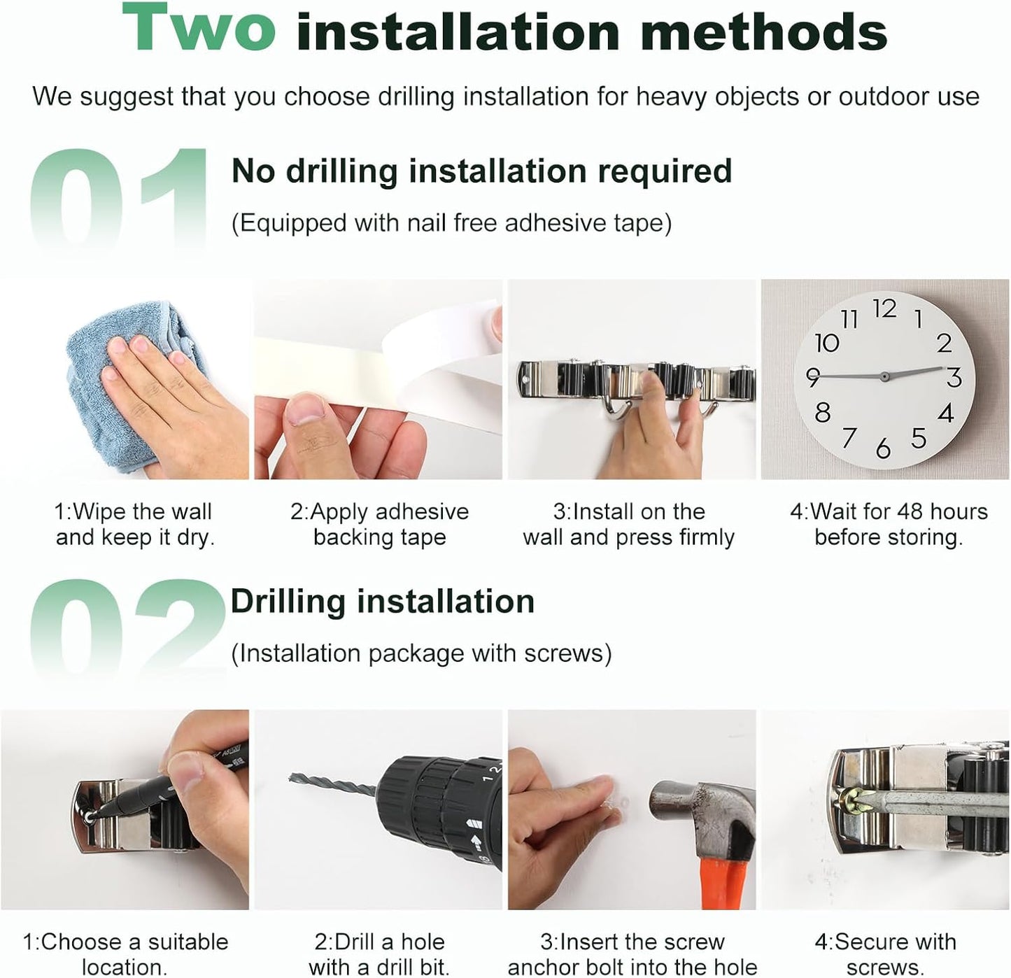 5Pcs 5 Racks 4 Hooks Stainless Steel Broom Mop Holder Anti Slip Wall Mount Broom Storage Rack Strong Load Bearing Waterproof Mop Broom Organizer for Bathroom Kitchen Garage