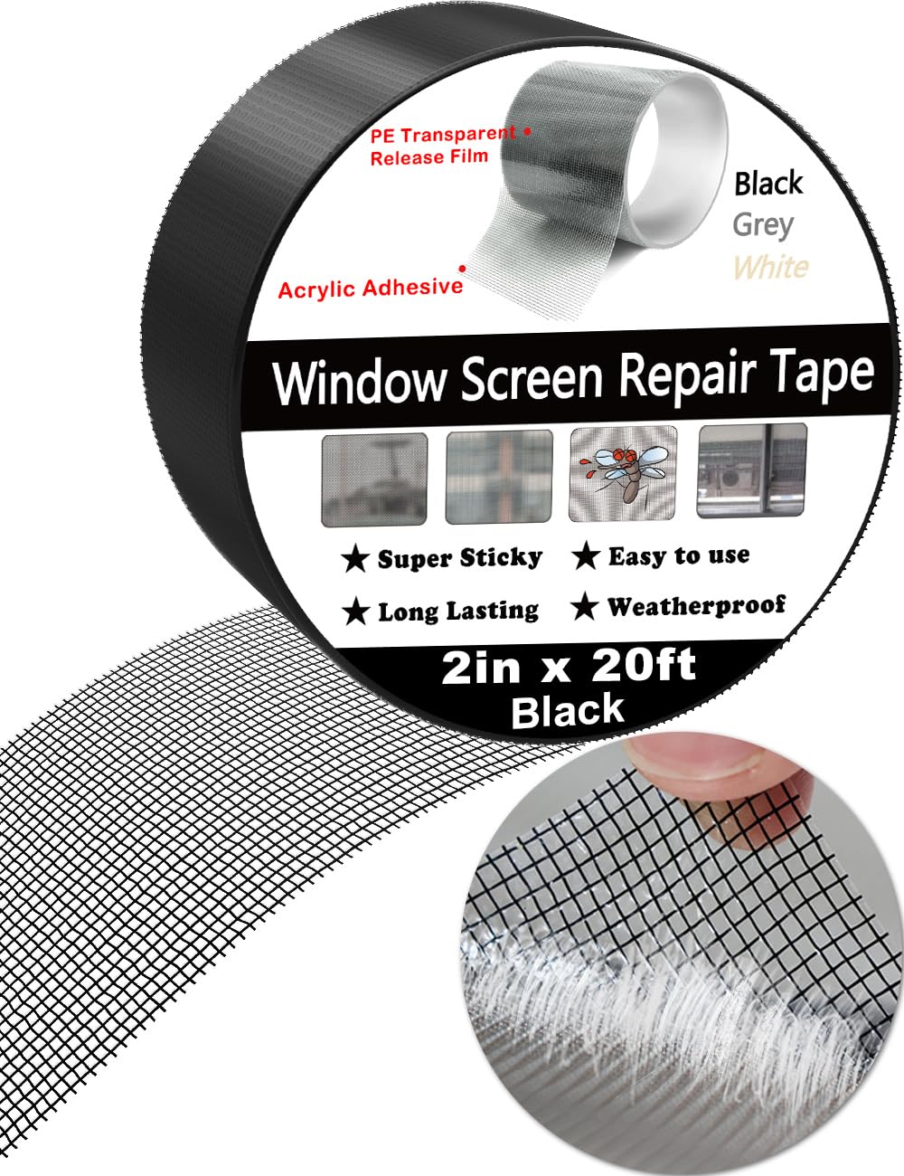 Wohohoho Window Screen Repair Tape, 2 in X 20 FT (240IN) Black Screen Patch Repair Kit, 3-Layer Strong Adhesive Invisible Screen Tape Mesh Repair for Windows, Doors Garage Mosquito Net Magnetic Screen