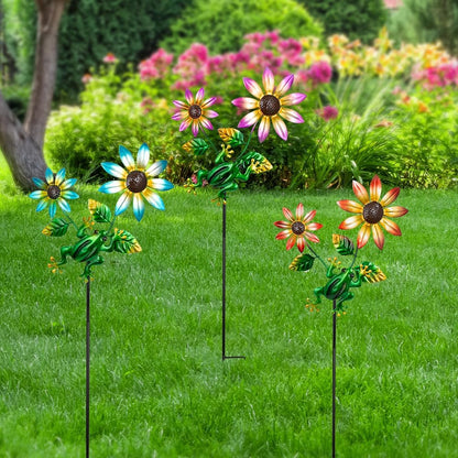 3 Pack Frog＆Flowers Garden Stakes Decor,Metal Yard Art Decorative Garden Stakes,Metal Flowers Spring Outdoor Decor for Mom,Women,Grandma
