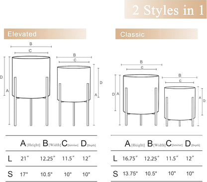ARNIS Modern Plant Pots, Set of 2 Round Large Planters with Stand, Large Size Metal Pots with Drainage Holes for Living Room, Office, Garden or Balcony, 10.5 &12.25 Inch, Black & Gold