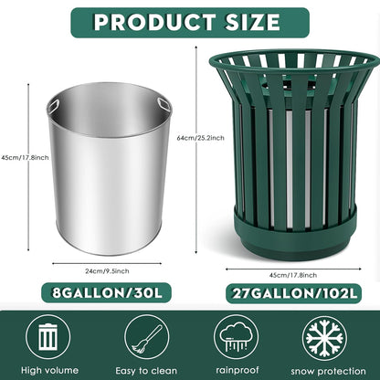8Gallon/30L Commercial Outdoor & Indoor Metal Trash Can, Outdoor Slatted Trash Receptacle with Metal Linner, All Weather Resistant Large Outside Zone Round Garbage Bin for Street, Park, School - Green