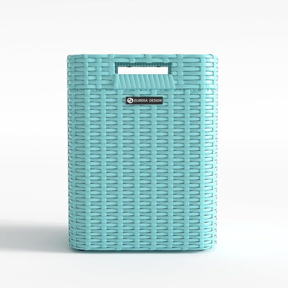 Ypati Handwoven 4 Gallon Rattan Trash Can with Lid, Boho Style Decorative Indoor and Outdoor Trash Bin with Shelf, Waste Basket for Bathroom, Kitchen, Patio, with Trash Bags, Turquoise Blue, Eureka