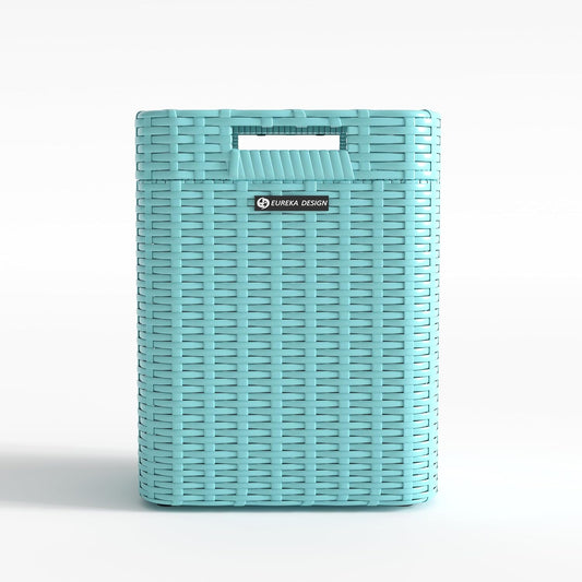 Ypati Handwoven 4 Gallon Rattan Trash Can with Lid, Boho Style Decorative Indoor and Outdoor Trash Bin with Shelf, Waste Basket for Bathroom, Kitchen, Patio, with Trash Bags, Turquoise Blue, Eureka