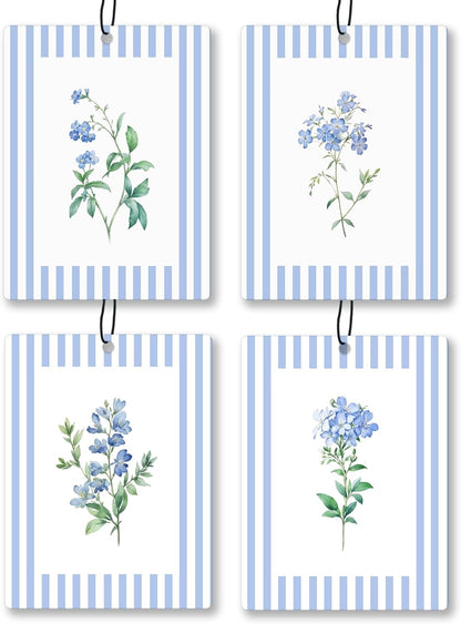 Rustic Blue Floral Car Air Freshener 4 Pcs, Preppy Blue Striped Flower Hanging Scents Air Freshener for Women Girls Gifts, Cottagecore Scented Car Accessories Decor for Room Closet Drawer