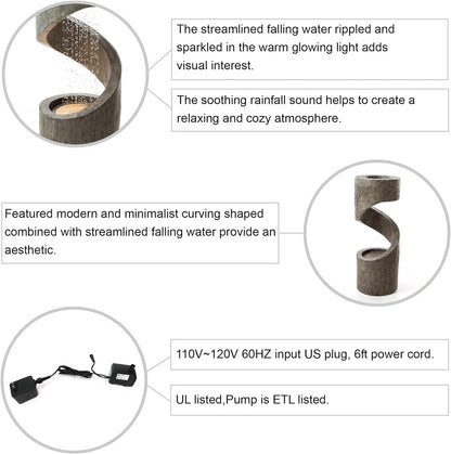 Glitzhome Tiered Outdoor Water Fountain with LED Light, Curved Outdoor Fountain Waterfall with Stone Planter, Freestanding Spiral Outdoor Garden Water Fountains, 31.3”H