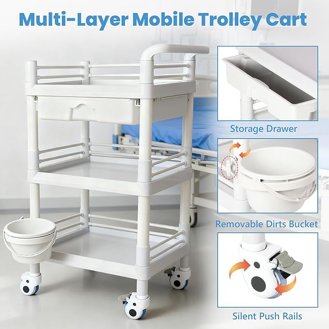 Mobile Medical Trolley 3 Tier Rolling Utility Cart with Dirt Bucket & Drawer, Beauty Salon Cart for Spa Tattoo Waxing, Esthetician Carts for Salon Hospital Dental Clinic Home, Postpartum Cart