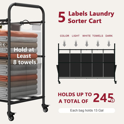 Tajsoon 5 Bag Laundry Sorter Cart, 5 Section Laundry Hamper with Heavy Duty Rolling Lockable Wheels, Laundry Basket Organizer with Removable Bags for Dirty Clothes Storage, Black