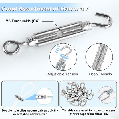 Turnbuckles for Cables Wire, 1/8" X 100Ft White PVC Coated Wire Rope Kit, Multi-use Steel Cable for Grape Vines/Clothes Line Outdoors for T Post/String Light Hanging/Garden Wire