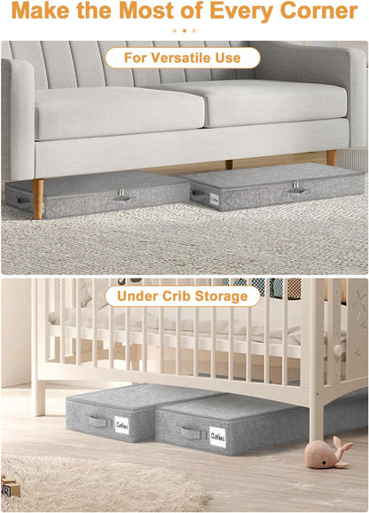 punemi Under Bed Storage Containers, 2 Pack 4.5 Inch Tall Low Profile Underbed Clothes Storage Organizer Bin with Sturdy Side & Bottom Support, Use as Clothes Organizer, Pillow and Blanket Organizer