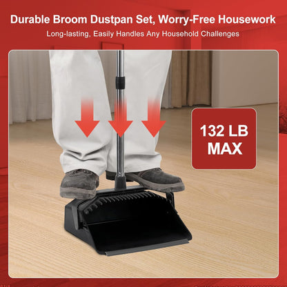 Commercial Broom and Dustpan Set, 3-Pack Broom with Dustpan Combo Set, Industrial Brooms and Dustpans Sets 51 inch Long Handle, Large Brooms and Dust Pan for Hall Lobby Office Garage - Black