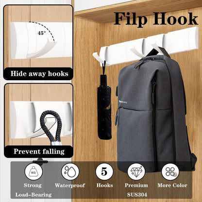 Folding Coat Hooks, Wall Mounted Coat Rack with 5 Retractable Hooks, Heavy Duty Towel Rack for Bathroom Wall Hook for Hanging Clothes Bathrobe, Stainless Steel Coat Hanger for Entryway(White)