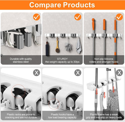 Mop and Broom Holder Wall Mount, Upgraded Broom Organizer Wall Mount, Stainless Steel Broom Hanger Wall Mount for Home Kitchen Garden Laundry Garage (5 Racks with 4 Hooks Black)