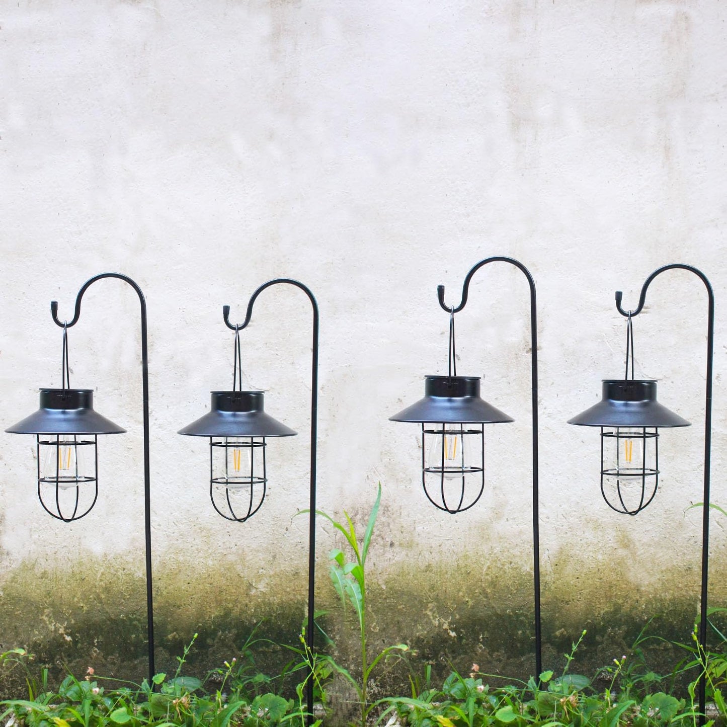 4 Pack Hanging Solar Lantern Lights with Shepherd Hook, Metal Waterproof Warm White Edison Bulb Lights for Garden Outdoor Pathway