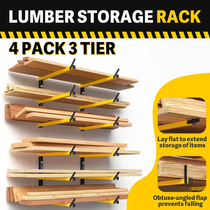 GREENER Lumber Storage Rack Folding Wood Storage Racks Wall-Mounted Metal Racks for Storage with 3-Level Heavy Duty Garage Wood Organizer for Woodworking Shop Indoor & Outdoor Use, 4 pairs,Yellow