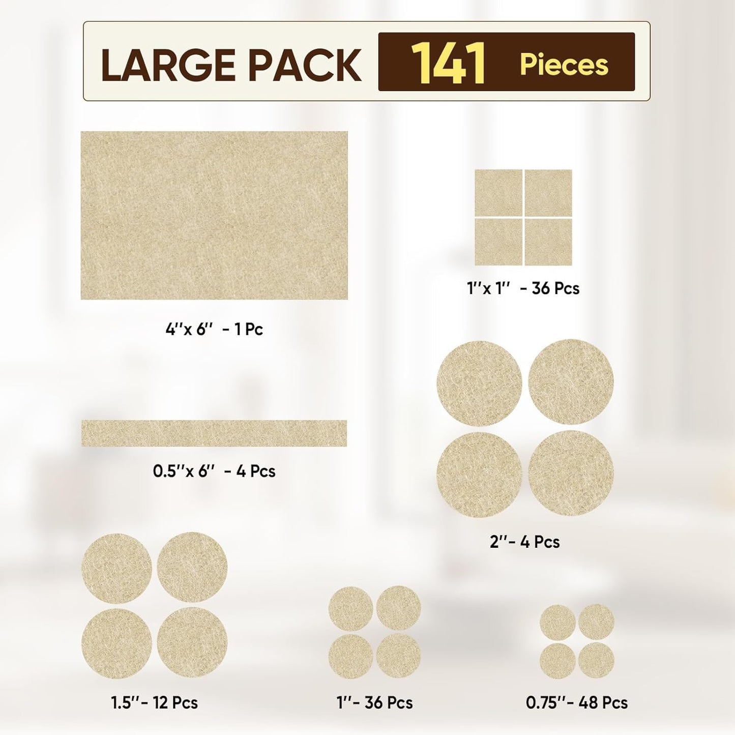 BALEINE 141PCS Felt Furniture Pads, Multi-Size Felt Pads for Chair Legs, Tables, Beds, Scratch-Reducing Floor Protectors for Hardwood Floors, Tile, Vinyl, and Laminate (141PCS, Beige)
