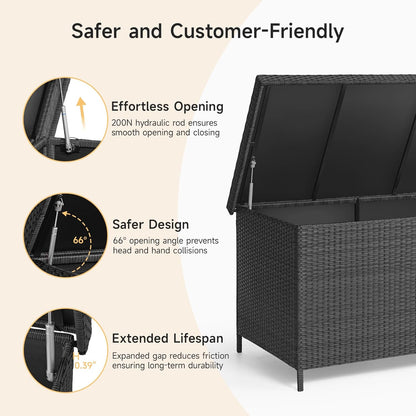 158 Gallon XL Deck Box with Lid, All Weather Wicker Outdoor Storage Box Waterproof, Large Outdoor Patio Storage Bin for Cushions, Garden Tools, Gears, Pool Accessories, Black