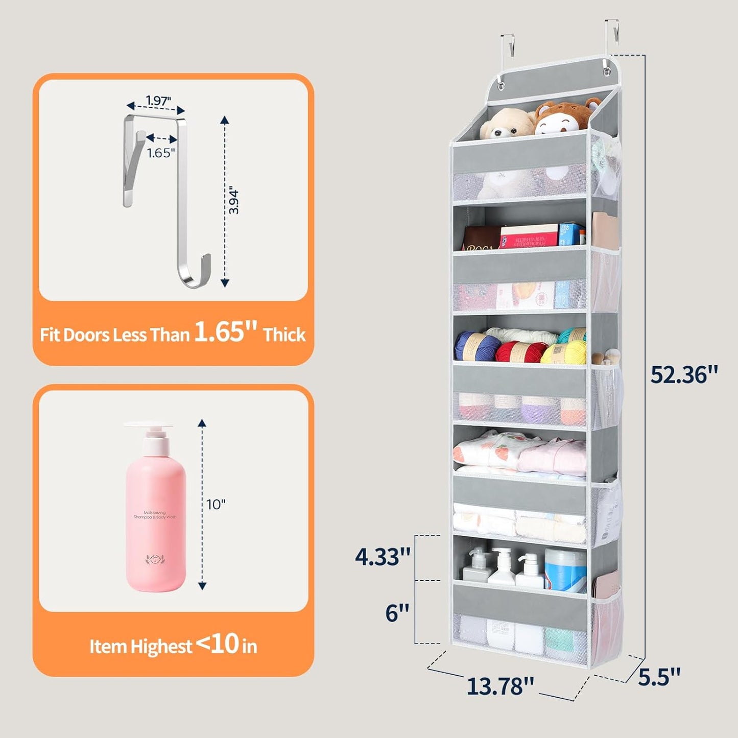 Yecaye Over The Door Organizer Storage, 5-Tier Heavy Duty Door Organizers Hanging with 10 Side Mesh Pockets, 44 lbs Load Capacity Behind Door Storage for Bathroom Nursery Bedroom Dorm Closet, Grey