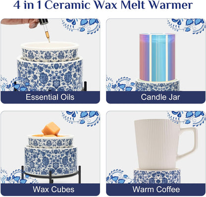 Blue & White Porcelain Pattern Wax Melt Warmer,Ceramic 3-in-1 Electric Candle Wax Warmer for Scented Wax Melter Oil Burner for Home Office Bedroom Gift & Decor (with KD Iron Shelf)