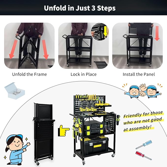 Lumizone Rolling Tool Cart with Wheels and Pegboard Hooks Folding Utility Service Cart for Garage Organizer Storage Foldable Power Tool Organization on Wheels Heavy Duty Frame (Tool Cart+Hooks)
