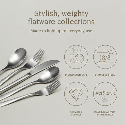 over&back 20pc Curved Flatware Cutlery Set - Comes with 4 Dinner Forks, 4 Salad Forks, 4 Dinner Knives, 4 Dinner Spoons, and 4 Teaspoons - 18/8 Stainless Steel - Dishwasher-Safe - Brushed Stainless