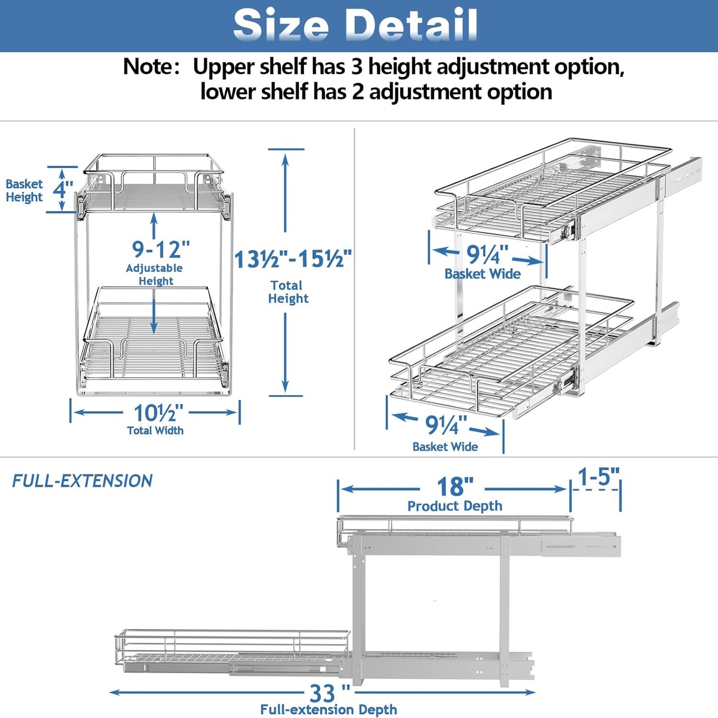 2 Tier Individual Pull Out Cabinet Organizer 10½" W x 18" D, Heavy Duty Cabinet Pull Out Shelves, Slide Out Drawers Organization for Kitchen Cabinets Bathroom