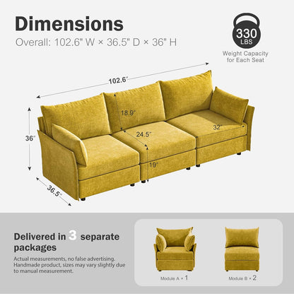 102.6" Modular Sectional Sofa, Oversized 3-Seater Couch with Removable Yellow Chenille Fabric Cover, Deep Seat & High Backrest for Living Room, Office & Apartment