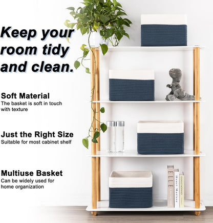 4 Pack Storage Baskets for Organizing, Woven Baskets for Shelves - Perfect for Toys, Books, Towels, and Clothes, Durable Gift Basket Bins Toy Storage, 12.7''L x9''W x7.8''H, Blue and White