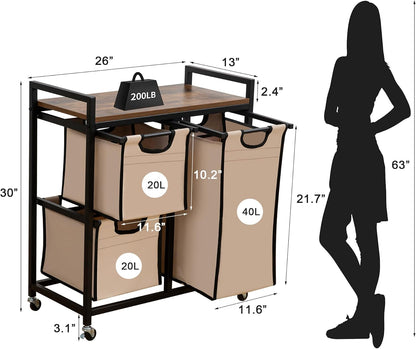 Laundry Basket Organizer - Hampers with 3 Compartments, Sliding Laundry Sorter Bags, Top Storage Shelf, Metal Frame