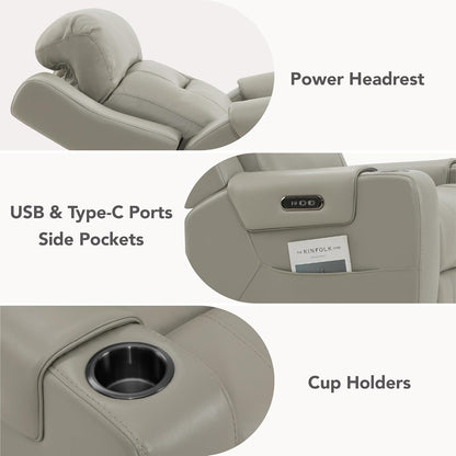 Watson & Whitely Genuine Leather Power Recliner Chairs for Adults, Lay Flat Recliner with Power Headrest, USB Ports and Cup Holders, Electric Reclining Sofa for Living Room, Bedroom, Grey