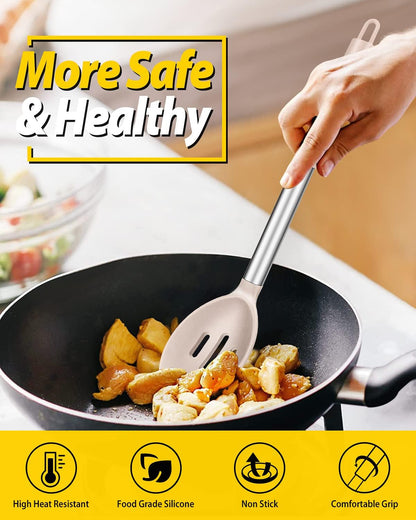 Pack of 2 Large Silicone Cooking Spoons,Non Stick Solid Basting Spoon,Heat-Resistant Kitchen Utensils for Mixing,Serving,Draining,Stirring (STAINLESS STEEL KHAKI)