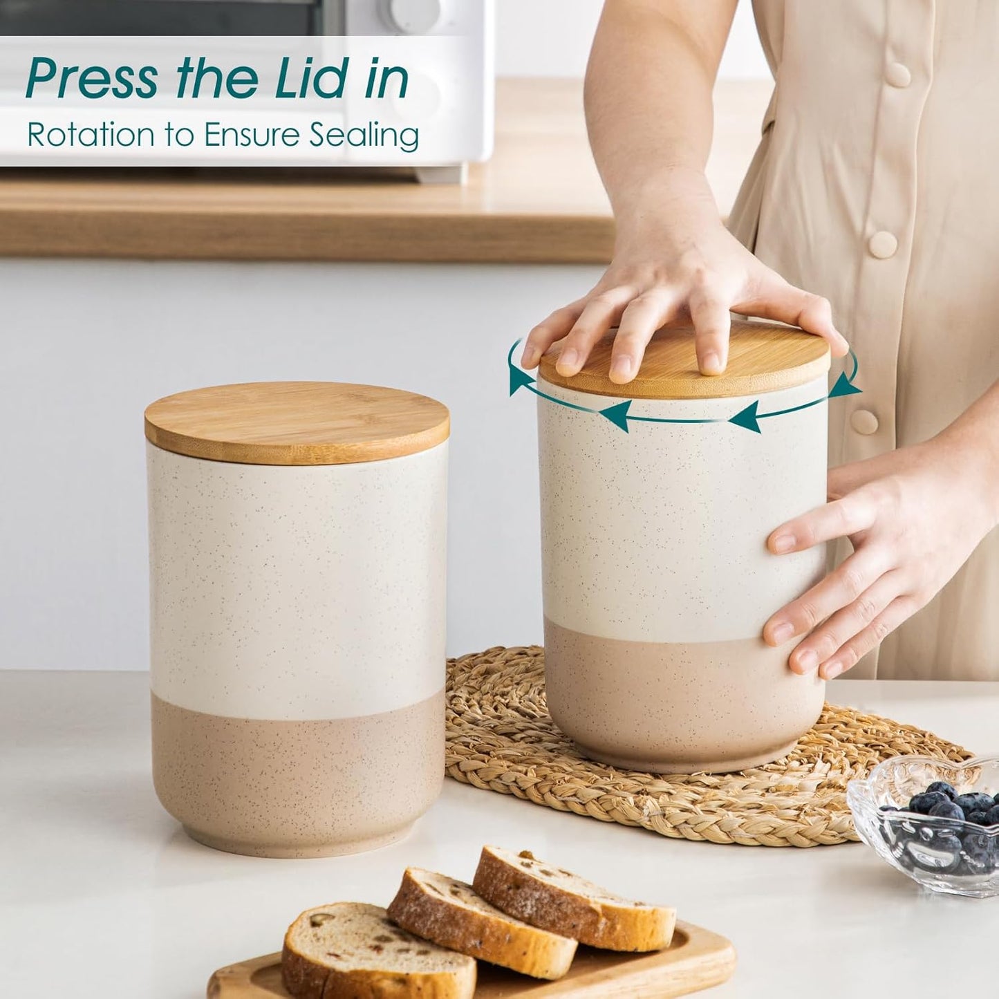 vancasso Sabine Large Ceramic Canister Set with Airtight Wood Lids - 2-Piece Kitchen Food Storage Jars for Flour, Sugar, Coffee & Tea (74 oz Each) - Big Capacity Countertop Jars