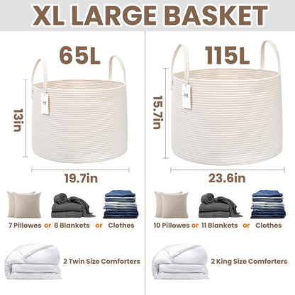 Woven Blanket Basket,115L Large Rope Storage Bin with Handles, Organizer for Blankets Toys Book and Clothes, Laundry Basket for Living Room Bedroom Nursery,White